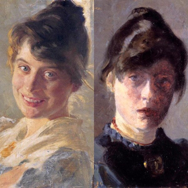 왼쪽은 페데르 세베린 크뢰위에르, <화가의 아내 마리의 초상>, 1890년께, 캔버스에 유채, 러브 덴마크 아트 컬렉션. 오른쪽은 마리 크뢰위에르, <자화상>, 1890년께, 캔버스에 유채, 개인 소장.