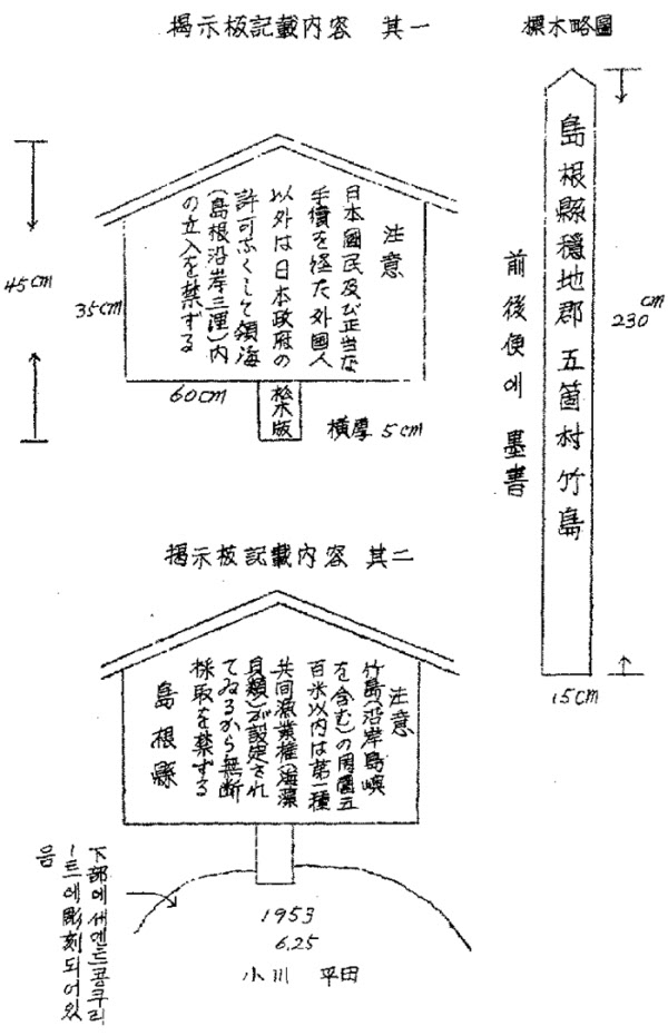 1953년 6월 27일 독도를 침범한 일본 관리들이 설치한 '일본 영토' 표주(오른쪽)와 게시판. /'독도문제개론'