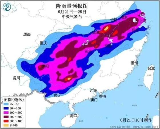6월 21일부터 25일까지의 중국 기상도. 남부 10개 지역에 폭우가 예고돼 있다. 중국 기상청은 6월 24일까지 23일 연속 폭우 경보를 내렸다. [중국 중앙기상청 캡처]