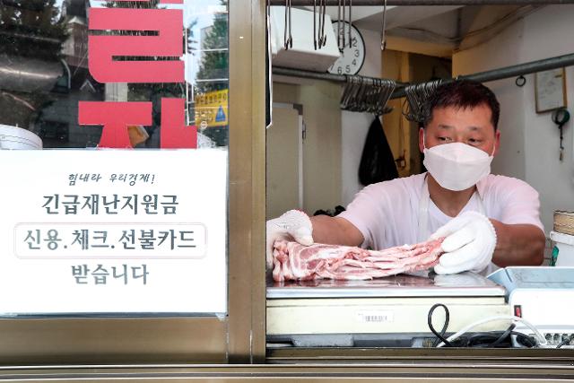 긴급재난지원금 지급으로 축산물 소비가 증가한 가운데 23일 한국소비자원이 국내산 돼지고기 및 쇠고기 6개 품목의 지난달 판매 가격을 조사한 결과 전월에 비해 큰 폭 상승했다. 돼지고기는 목살과 삼겹살 판매 가격이 전월 대비 각각 19.8%, 17.5% 올랐다. 사진은 이날 오전 서울 종로구 통인시장 내 한 정육점의 모습. 뉴시스