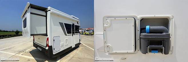 스마트 룸에 어닝이 연결되어 확장 후 비, 눈, 이물질로 인한 오염을 방지할 수 있고 카세트식 토일렛과 외부샤워기가 적용된다