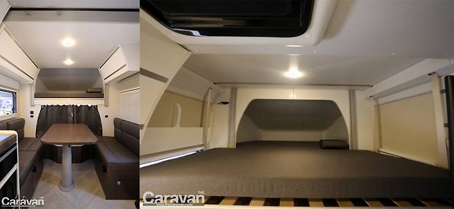 스마트 베드를 내리면 벙커 베드겸 수납함과 수평이 되고 2인의 취침 공간이 확보된다 / 변환 전과 변환 후