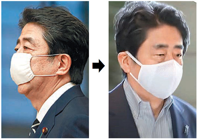 올해 4월부터 아베 신조 일본 총리가 착용했던 아베노마스크. 코와 입만 가릴 수 있는 작은 크기여서 그의 턱이 보인다(왼쪽). 1일 아베 총리가 눈 아래 부분을 모두 가린 큰 크기의 마스크를 착용한 모습이 포착됐다. 도쿄=AP 뉴시스
