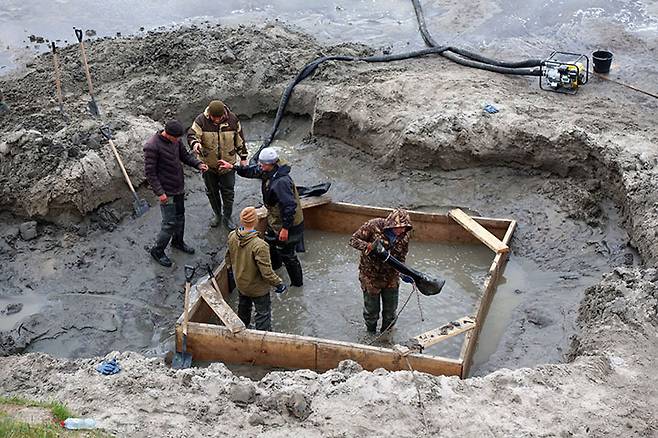 러시아 서시베리아에서 발견된 1만 년 전 매머드의 화석 발굴 현장
