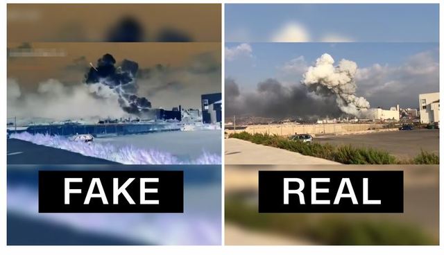 [서울=뉴시스]미국 언론사 CNN은 6일(현지시간) CNN 아랍의 소셜미디어 제작자가 촬영한 레바논 베이루트 폭발 영상에 미사일을 합성한 영상이 유포되고 있다고 보도했다. 왼쪽은 조작된 영상이고, 오른쪽은 원본이다. 2020.08.07