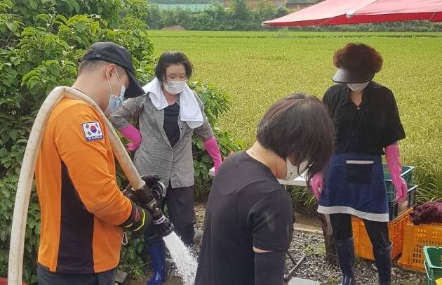 지난 12일 강원도 철원을 찾아 수해 복구를 도운 김정숙 여사. / 사진=연합뉴스