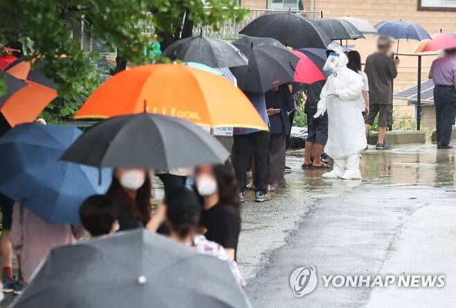 우산 쓰고 코로나19 검사 대기하는 주민들 [연합뉴스 자료사진]