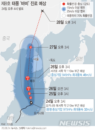 [서울=뉴시스] 기상청에 따르면 제 8호 태풍 바비는 지난 24일 오후 3시 기준 일본 오키나와 북서쪽 부근 해상에서 북북동진하고 있다. (그래픽=안지혜 기자) hokma@newsis.com