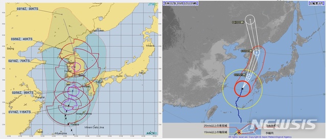 [서울=뉴시스] = 미국 합동태풍경보센터와 일본 기상청이 홈페이지를 통해 발표한 제9호 태풍 '마이삭'(MAYSAK)의 예측 경로. 왼쪽이 미국 JTWC, 오른쪽은 일본 기상청 자료. (사진=JTWC, 일본 기상청 홈페이지 캡쳐) 2020.09.02.