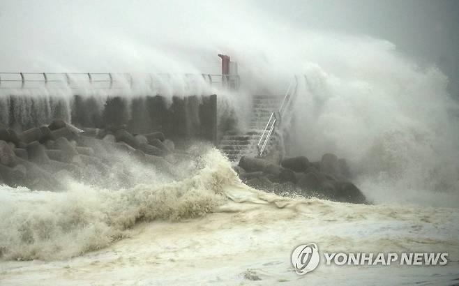 해안 산책로 덮치는 거친 파도 (경주=연합뉴스) 김현태 기자 = 7일 경북 경주시 감포항 인근 해안 산책로에 태풍 하이선의 영향으로 거칠어진 파도가 덮치고 있다. 2020.9.7 mtkht@yna.co.kr