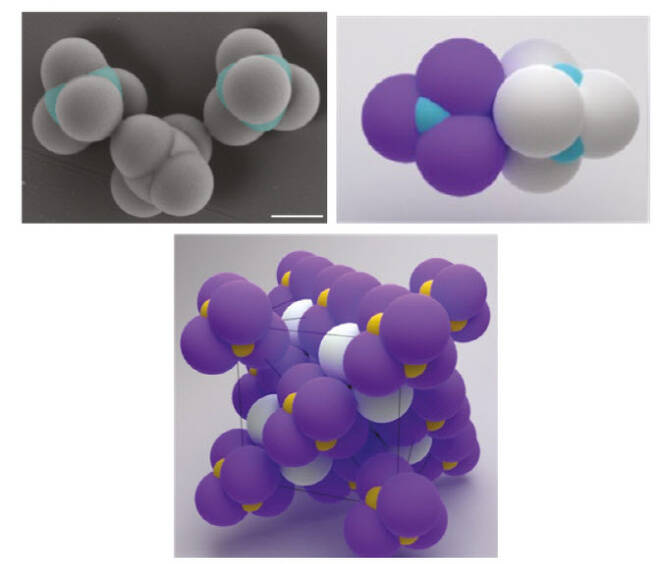 합한 패치 나노입자의 전자현미경 사진(상단 왼쪽 사진)의 파란색으로 표시한 부분에만 선택적으로 DNA를 코팅하여 효소와 같은 결합(상단 오른쪽 그림)을 유도하여 얻어질 수 있는 다이아몬드 결정 구조의 모식도(사진=성균관대)
