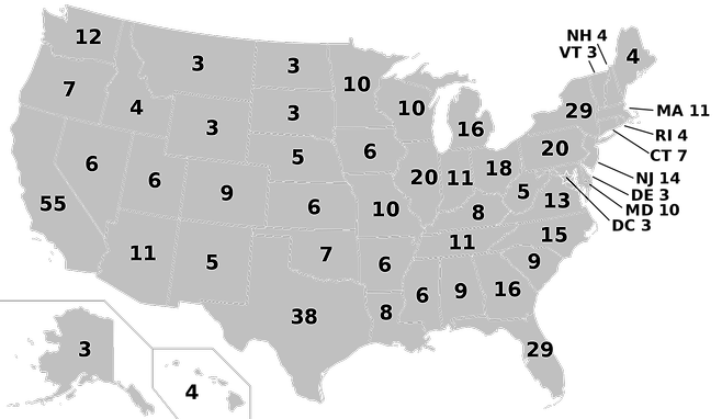 미 50개 주의 선거인 수. 전체 538명은 하원 435명과 상원 100명, 워싱턴 DC 3명을 합친 숫자이다.