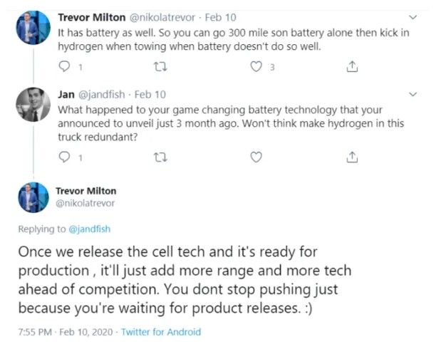 배터리 기술을 자랑하는 2020년 2월10일 트레버의 트윗.