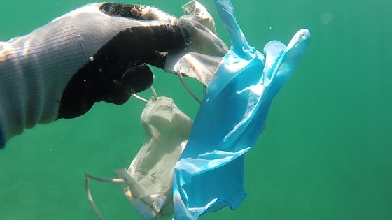 코로나19 바이러스를 막기 위해 사용된 마스크와 장갑이 아무렇게나 버려져 바다에서 발견되는 일이 잦아지고 있다. [중앙포토]