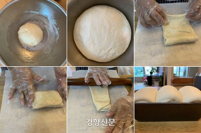 식빵 반죽을 제대로 했다면 1에서 2처럼 부푼다. 반죽을 세 덩이로 나눠 모양을 만들고 있다.(3~5) 식빵틀에 넣고 틀 위로 1~2㎝ 올라오면(6) 오븐에 넣어 구우면 된다. / 주영재 기자