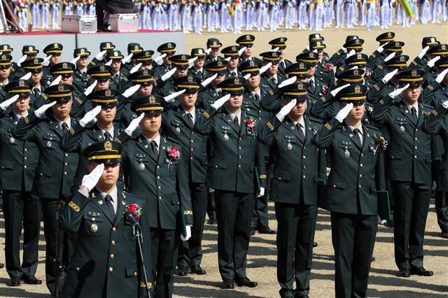 육군 신임 장교들이 지난달 5일 ´육군사관학교 제76기 졸업 및 임관식´에서 거수경례를 하고 있다. 육군 제공