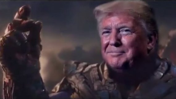 영화 어벤저스의 무적 캐릭터 '타노스'를 도널드 트럼프 대통령 얼굴과 합성한 영상. 트럼프 선거운동 본부가 트위터에 올려 화제가 된 바 있다.