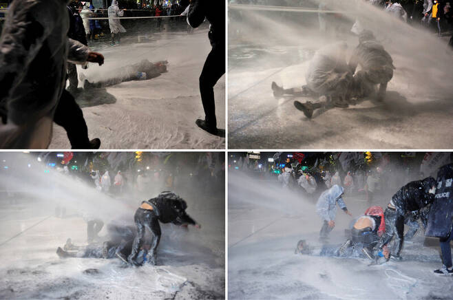 2015년 11월 백남기 농민이 집회에 참석했다 경찰이 쏜 물대포에 맞아 쓰러지는 모습.     <한겨레> 자료사진