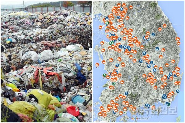 왼쪽은 2만톤 분량으로 추정되는 경기도 파주 장곡리 쓰레기산의 모습. 오른쪽은 환경부가 전수 조사한 전국 쓰레기산의 위치를 구글맵에 나타낸 것이다.