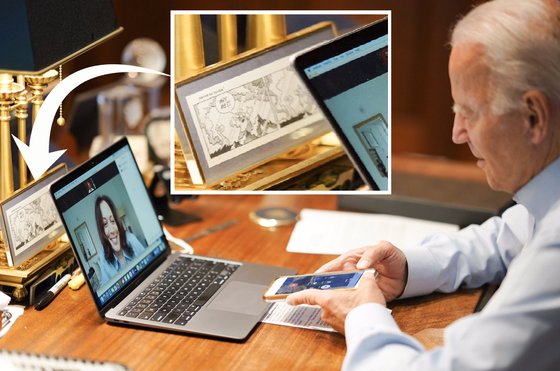 조 바이든 미국 대통령 당선인의 책상에는 '만화 액자'(노트북 뒤편)하나가 놓여있다. 그가 1972년 교통사고로 아내와 딸을 잃은 후 신을 원망하며 슬픔에 빠져있자 그의 아버지가 그에게 건넨 것이다. [트위터 캡처]