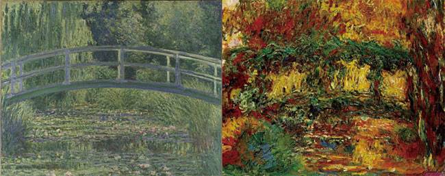 클로드 모네가 백내장을 앓기 전에 그린 ‘수련이 핀 연못 위 다리(왼쪽)’. 백내장 진행 이후 그린 같은 풍경의 그림(오른쪽)은 다리라는 것을 알아보기 힘들고 색깔도 붉은색 위주다. 사진 프랑스국립박물관연합(RMN)