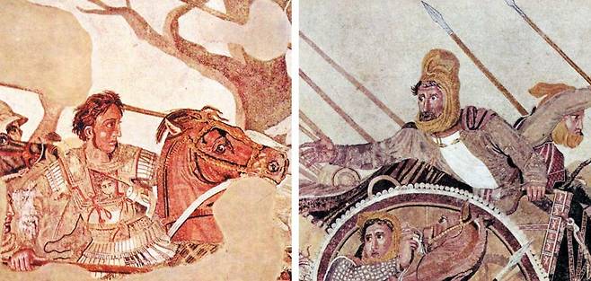 기원전 333년 알렉산드로스(왼쪽) 대왕이 페르시아와 세기의 대결을 벌인 ‘이수스 전투’를 다룬 모자이크의 부분. 오른쪽은 전투에서 패한 페르시아의 다리우스 3세. 1831년 폼페이에서 출토된 이 작품에선 승패가 갈린 전투의 인물들 표정이 생생하게 살아 있다.(나폴리 국립고고미술관 소장)