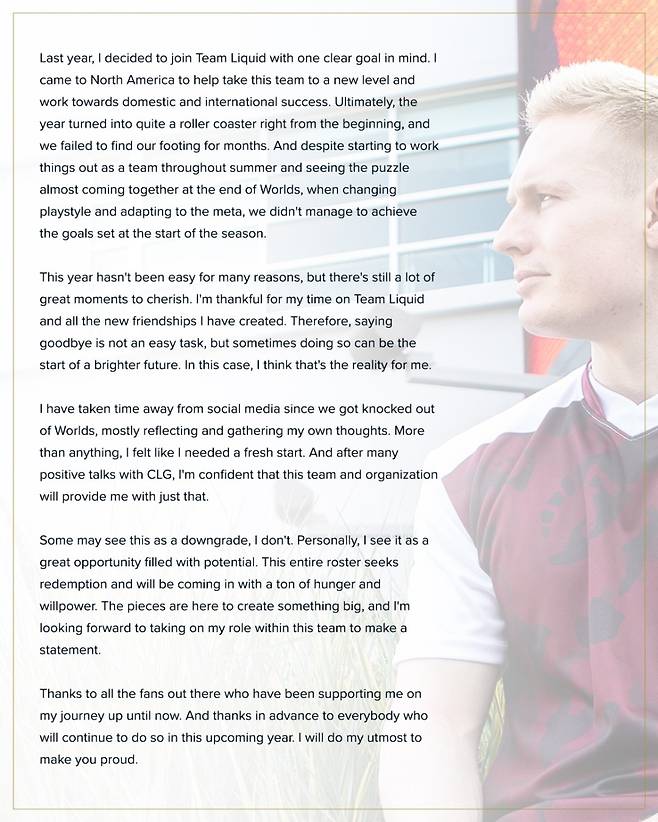'Broxah' 매즈 브록-페데르센이 CLG로 가게 된 이유를 스스로 설명한 SNS 글.