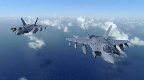 KF-X가 각종 항공 무장을 탑재한 채 비행하는 개념도.