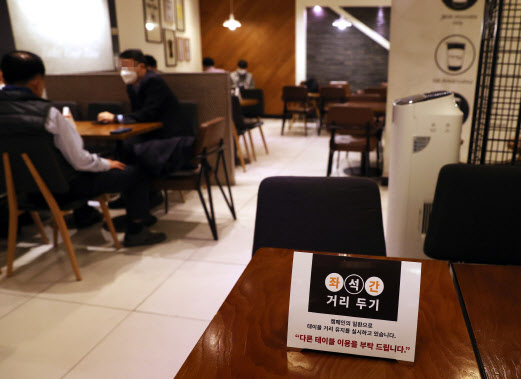 지난 17일 서울시내 한 카페에 좌석 간 거리두기 안내문이 설치돼 있다.(사진=연합뉴스)