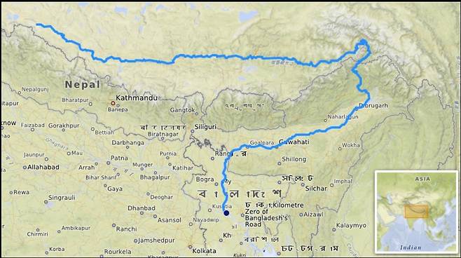 중국-인도-방글라데시를 관통하는 브라마푸트라강의 위치. [위키피디아 홈페이지 캡처]
