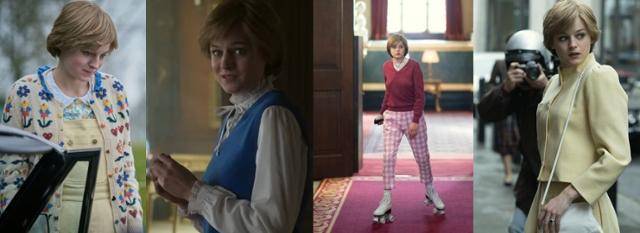 '더 크라운' 시즌 4에서 배우 엠마 코린은 따듯한 색감의 니트 웨어 등을 선보이며 고 다이애나 비가 환생한 듯 비슷한 모습을 연출했다. 넷플릭스 캡처