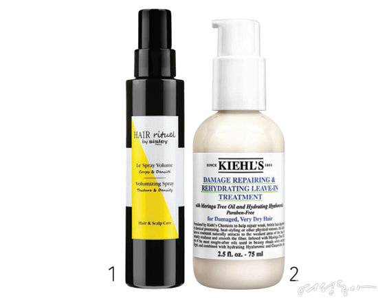 1 헤어 리추얼 바이 시슬리 볼류마이징 스프레이 150ml 9만9천원. 2 키엘 데미지 리페어링 리브 인 트리트먼트 75ml 3만7천원대.