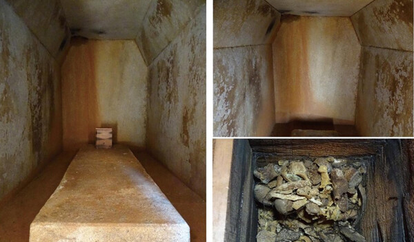 100년만에 재조사한 익산 쌍릉 석실 내부 모습과 그 안에서 나무상자에 든채 발견된 인골들의 모습. 문화재청 제공
