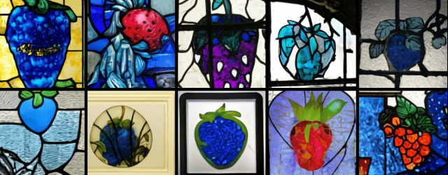 DALL-E로 생성한 파란색 딸기 이미지가 있는 스테인글라스 창 이미지
