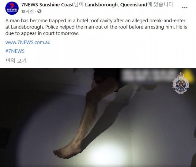 호주 휴양지의 한 호텔서 천장을 뚫어 술집에 침입하려던 남성이 체포됐다. 7뉴스 선샤인 코스트 페이스북 캡처