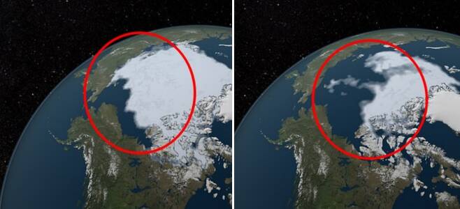왼쪽은 1984년, 오른쪽은 2012년 북극 해빙의 달라진 모습