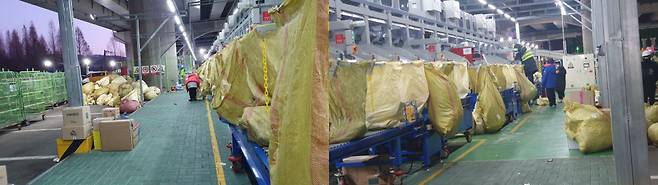 CJ대한통운 택배 부천지사 일용직 노동자들이 옷을 겹겹이 입은 채 새벽 택배 분류작업을 하고 있다. ⓒ윤현민 기자