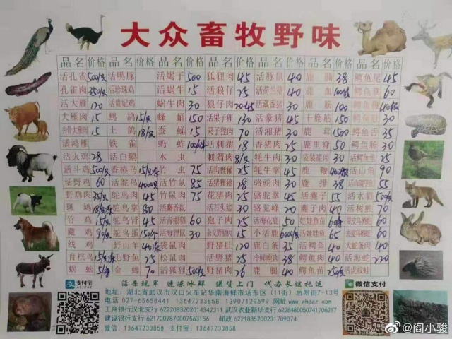 우한(武漢)시 화난(華南)수산물도매시장의 한 야생 동물 가게의 차림표./SDUIVF許超醫生 웨이보 캡처