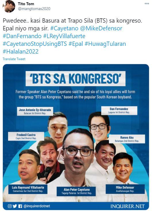 방탄소년단(BTS) 팬이 필리핀 정치그룹 'BTS 사 콩그레소' 결성 계획에 반대하는 글을 트위터에 올렸다. 샤진 가운데가 카예타노 의원. 트위터 캡처