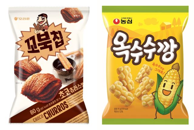 오리온 '꼬북칩 초코츄러스맛'과 농심 '옥수수깡'. 각사 제공