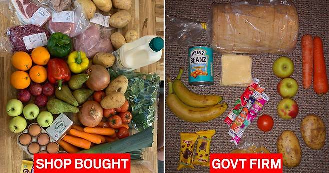 30파운드(약 5만원)짜리 무료 급식 쿠폰 대신 학부모가 받은 음식물 소포(오른쪽)와 실제로 마트에서 30파운드어치 구입한 먹을거리 사진(왼쪽)/메트로