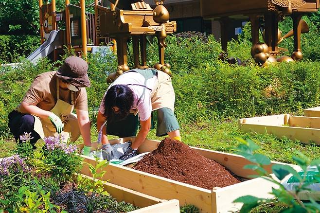 2020년 여름 마포래미안푸르지오 마을 정원사들이 단지 안 정원을 가꾸고 있다.