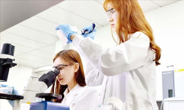 LG화학 생명과학사업본부 연구원들이 서울 마곡중앙로 마곡연구개발(R&D)캠퍼스에서 약물실험을 하고 있다.    LG화학  제공