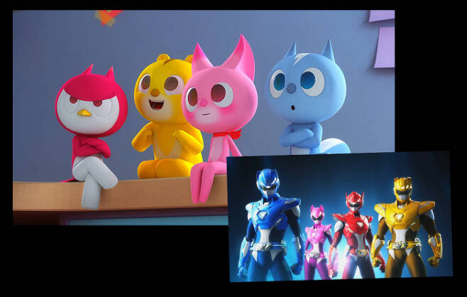 애니메이션 <미니특공대> 캐릭터들.  분홍색으로 표현된 ‘루시’(오른쪽에서 두번째)가 유일한 여성 캐릭터다.