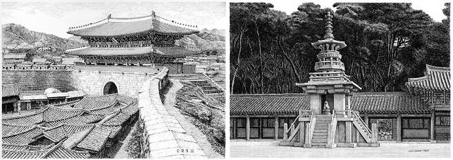 김영택 화백의 펜화 ‘숭례문’(왼쪽 사진)과 경주 불국사 다보탑.