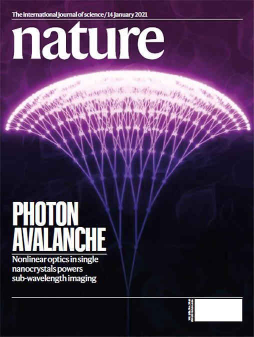 The cover of the latest edition of Nature features "photon avalanche," a new phenomenon found by a joint research team from South Korea, the US and Poland. (Korea Research Institute of Chemical Technology)