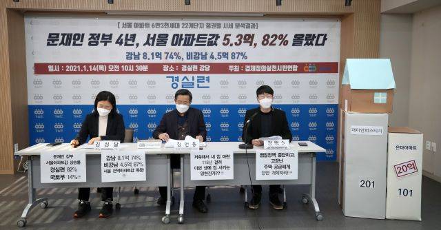 경제정의실천시민연합 관계자들이 14일 서울 종로구 경실련 강당에서 서울 아파트 정권별 시세 분석결과 발표 기자회견을 하고 있다. 왼쪽부터 경실련 부동산건설개혁본부 김성달 국장, 김헌동 본부장, 정택수 팀장. 연합뉴스