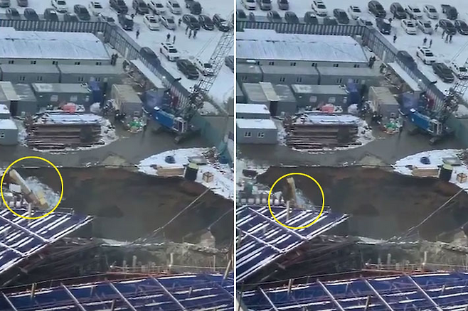 안산시 상록구 신축 공사장의 흙막이 지지대가 무너지는 모습. 제보자 제공