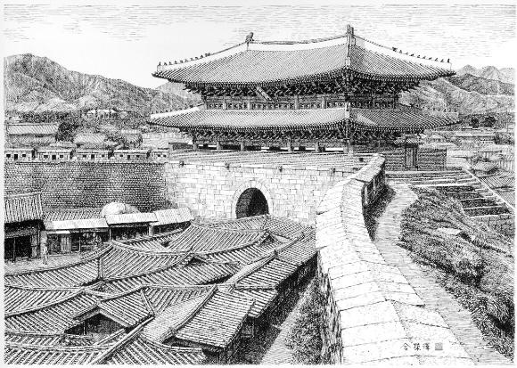 1910년대 숭례문의 전경을 상상해 그린 펜화.