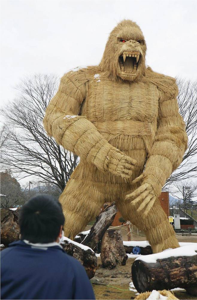 일본 후쿠오카현 지쿠젠정에 있는 거대 볏짚 고릴라. /교도통신
